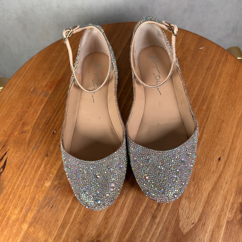 Betsey Johnson SB-ACE Flats Women 7M Champagne Rhinestone Good Crystal Ankle - Picture 12 of 14
